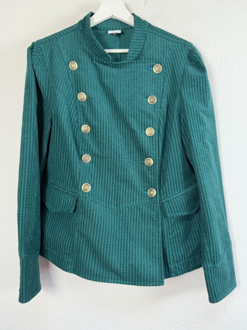Cabi Lennon Jacket L Teal Green Corduroy Double Breasted Gold Military Blazer 39